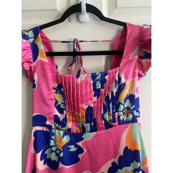 VANILLA BAY Colorful Floral Pleated Bodice Smocked Ruffle Midi Dress Sz S NWT - Picture 6 of 14